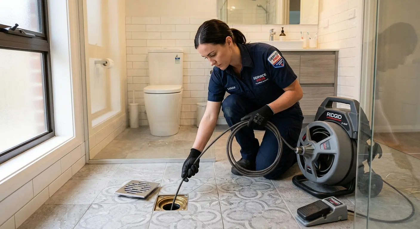 Technician clearing a bathroom floor drain for Sewer Line Replacement in Hereford
